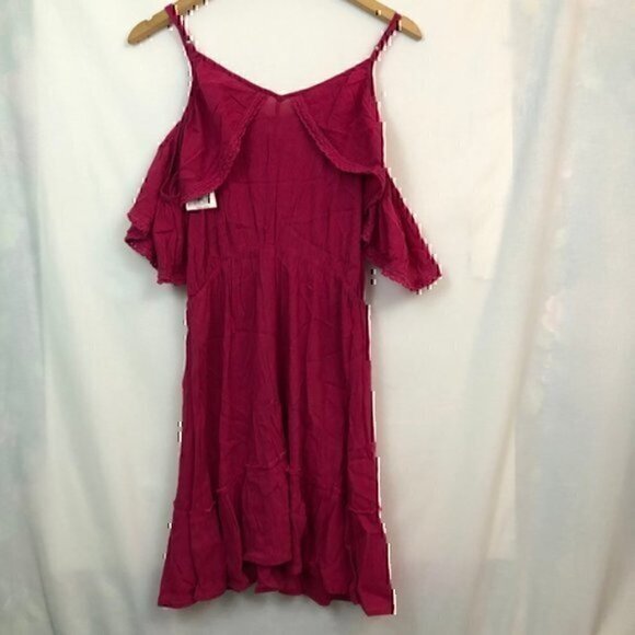 NEW NWT WILD PEARL Ruffle Dress Magenta Pink Cold Shoulder Cutout Mini Shift XS - Picture 8 of 8